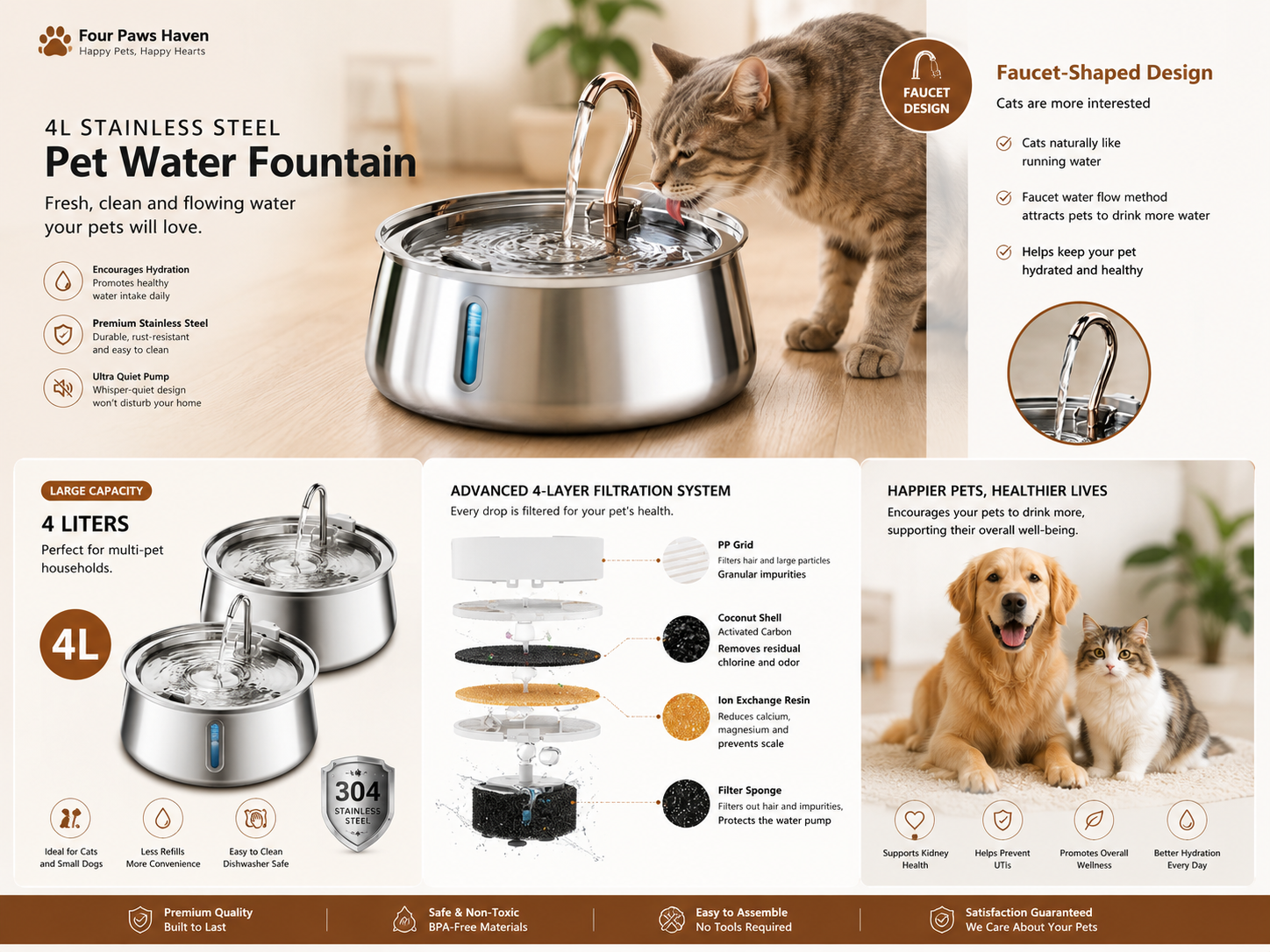 4L Water Drop Large Capacity Pet Stainless Steel Water Dispenser