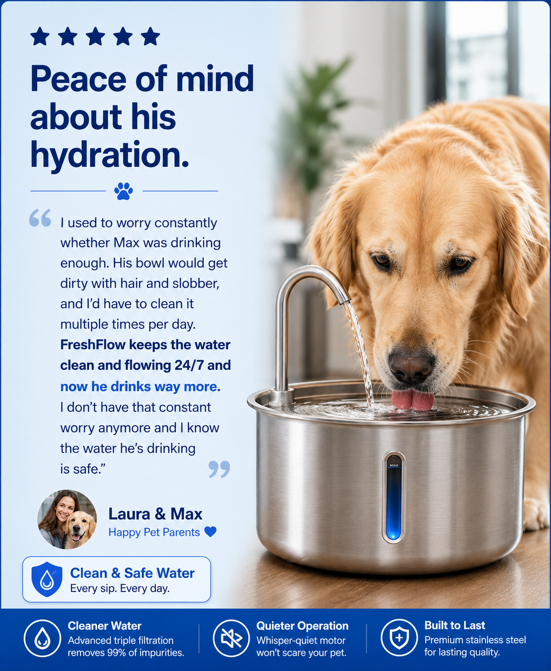 4L Water Drop Large Capacity Pet Stainless Steel Water Dispenser