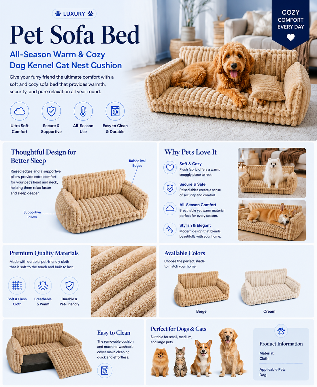 Luxury Pet Sofa Bed – All-Season Warm & Cozy Dog Kennel Cat Nest Cushion