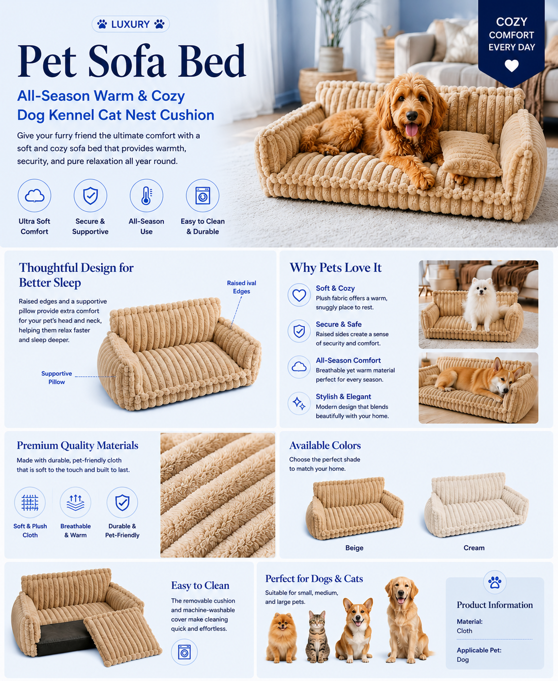 Luxury Pet Sofa Bed – All-Season Warm & Cozy Dog Kennel Cat Nest Cushion