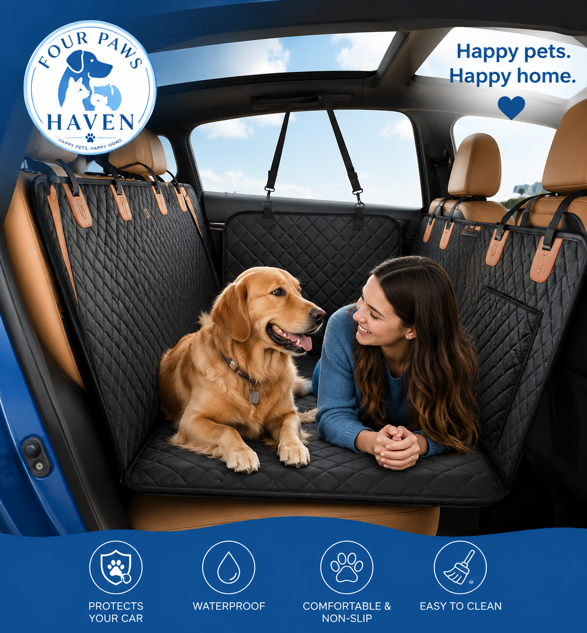Hard-Bottom Dog Car Seat Cover — Waterproof Backseat Hammock & Seat Extender