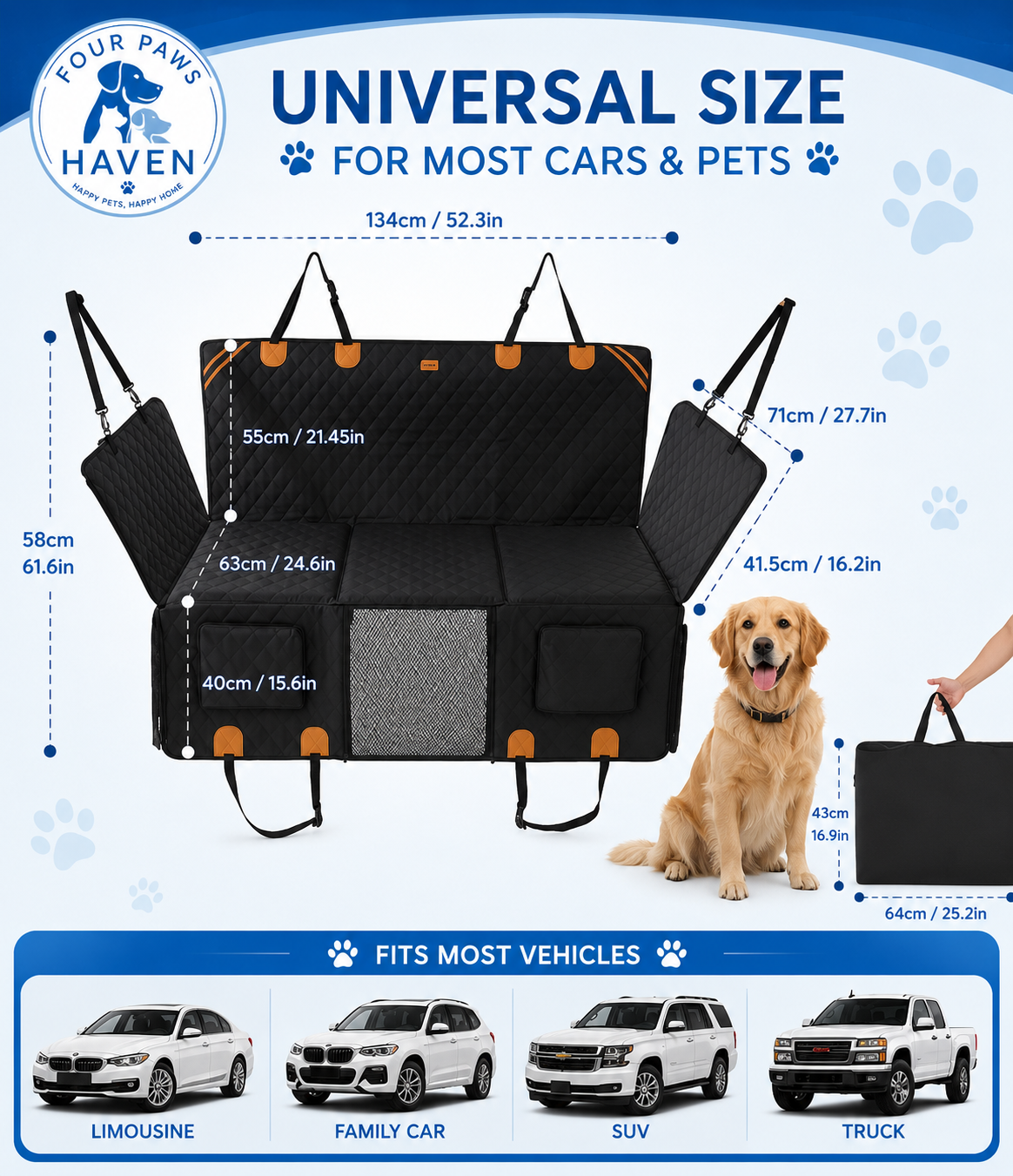 Hard-Bottom Dog Car Seat Cover — Waterproof Backseat Hammock & Seat Extender